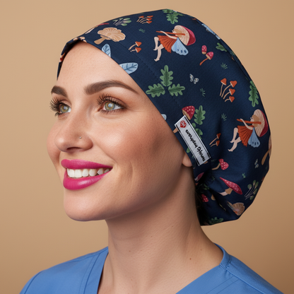 Signature model in left profile looking upward with warm smiling eyes, realistic skin wearing fairy mushroom scrub cap - 3000x3000px