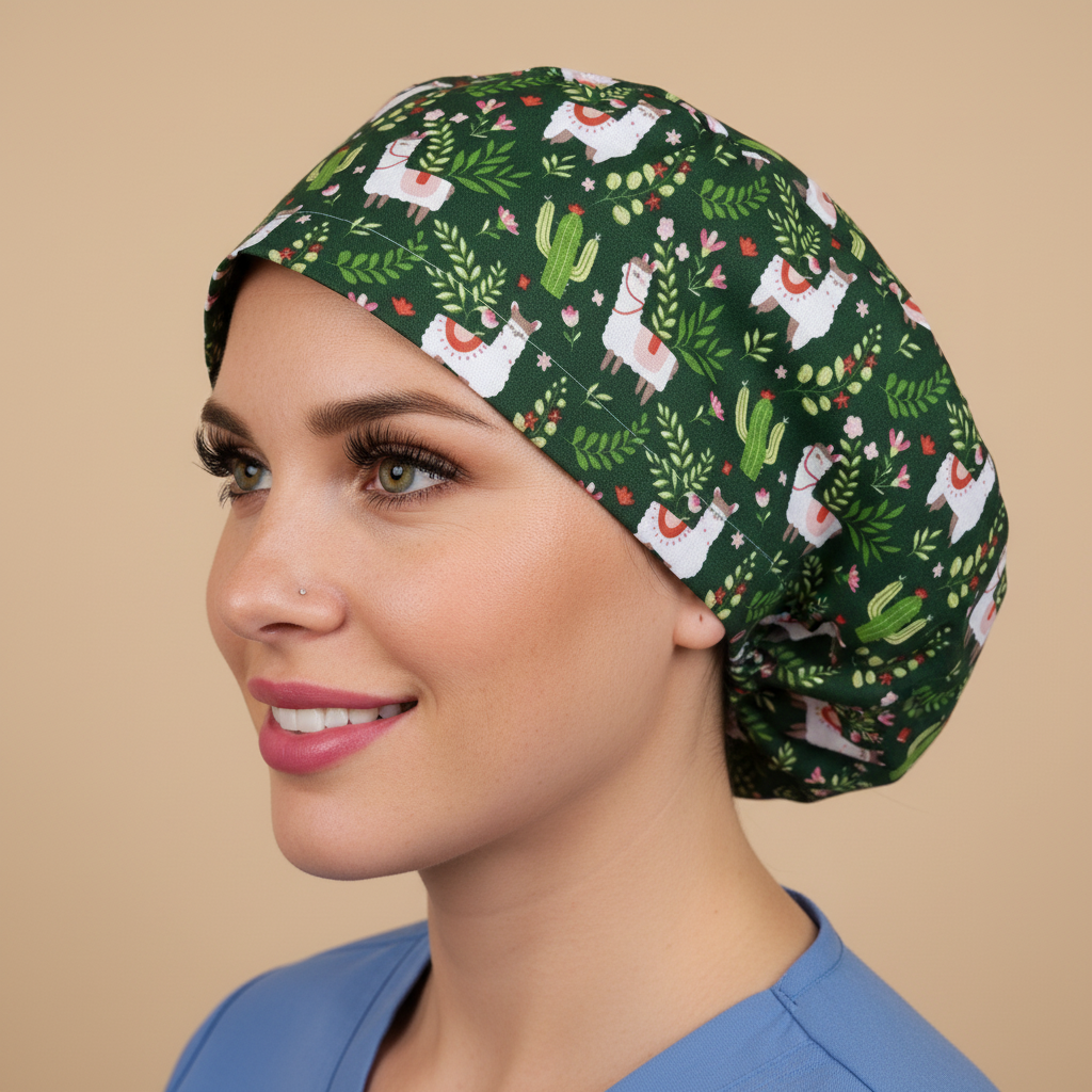 Signature model in left profile wearing llama and cactus scrub cap - 3000x3000px