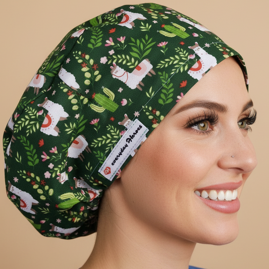 Signature model in right profile with warm smile showing teeth wearing llama scrub cap - 3000x3000px