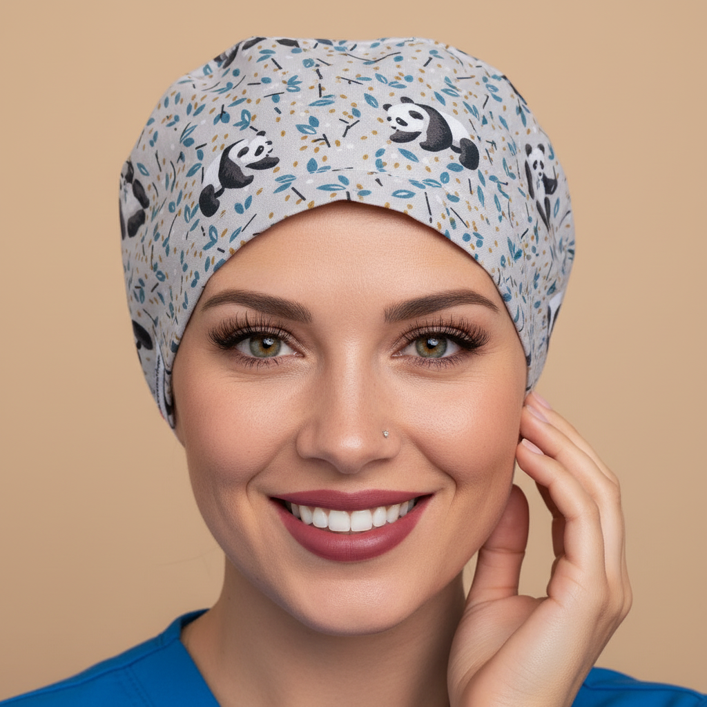 Signature model looking at camera touching panda scrub cap - front view - 3000x3000px