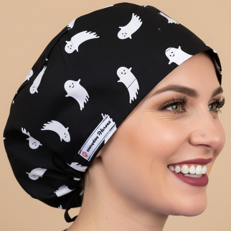 Black scrub cap euro stylewith white ghosts on it , a perfect gift for your doctor