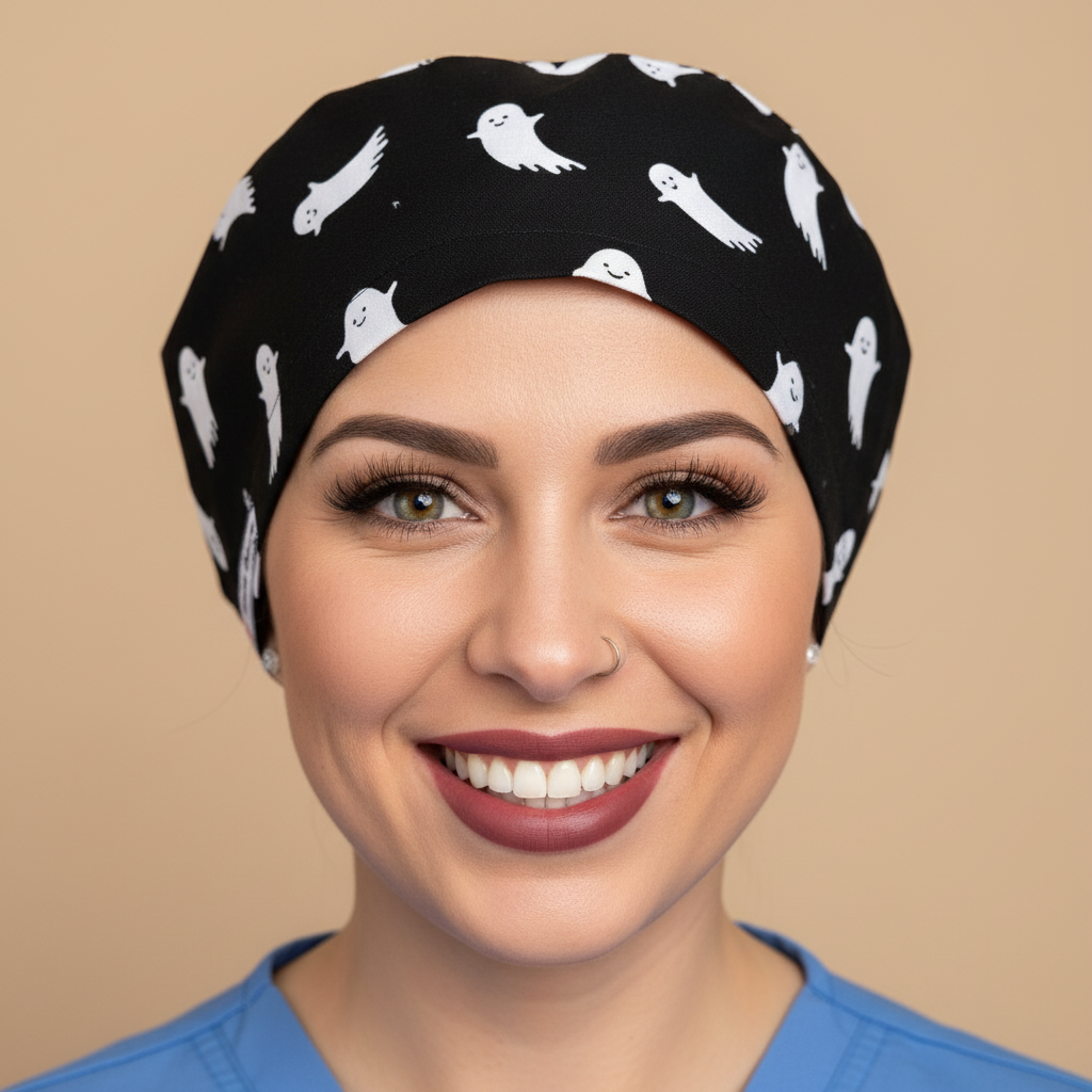Black scrub cap euro stylewith white ghosts on it , a perfect gift for your doctor