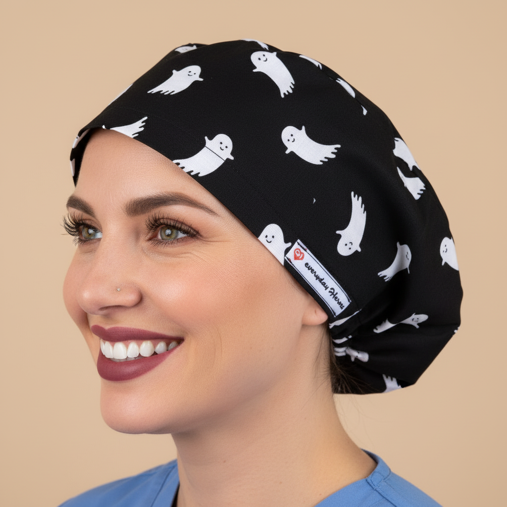Signature model with big happy smile wearing ghost scrub cap - left profile - 3000x3000px