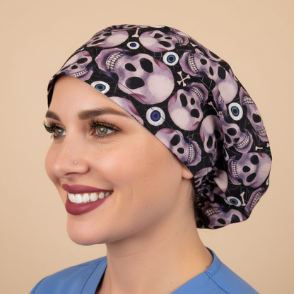 Signature model with realistic skin texture wearing purple skulls scrub cap - left profile - 3000x3000px