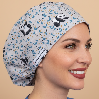 Panda scrub cap euro style with cute black and white pandas on light gray 

