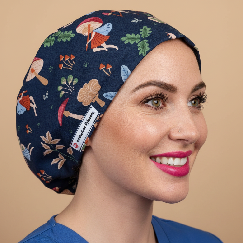 Woman wearing fairy mushroom scrub cap with warm smile - navy blue surgical hat with colorful fairies and toadstools - euro style bouffant for nurses doctors OR staff