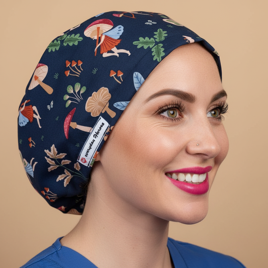 Woman wearing fairy mushroom scrub cap with warm smile - navy blue surgical hat with colorful fairies and toadstools - euro style bouffant for nurses doctors OR staff