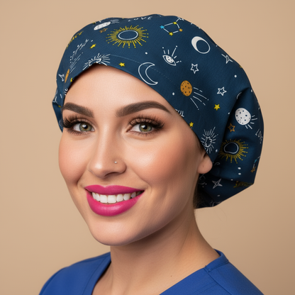 Stunningly beautiful model in 3/4 angle looking at camera with warm smile, hot pink lips wearing celestial scrub cap - 3000x3000px