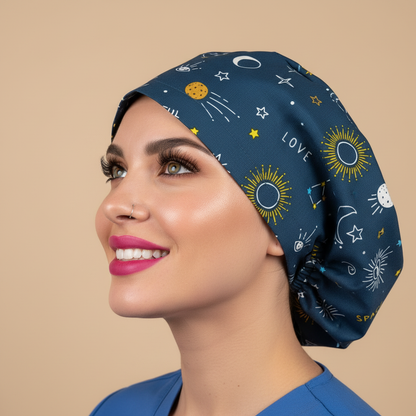 Stunningly beautiful model in left profile looking upward to the stars with hot pink lips wearing celestial scrub cap - 3000x3000px