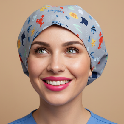 Stunningly beautiful model looking upward with warm smile, hot pink lips wearing ocean creatures scrub cap - 3000x3000px