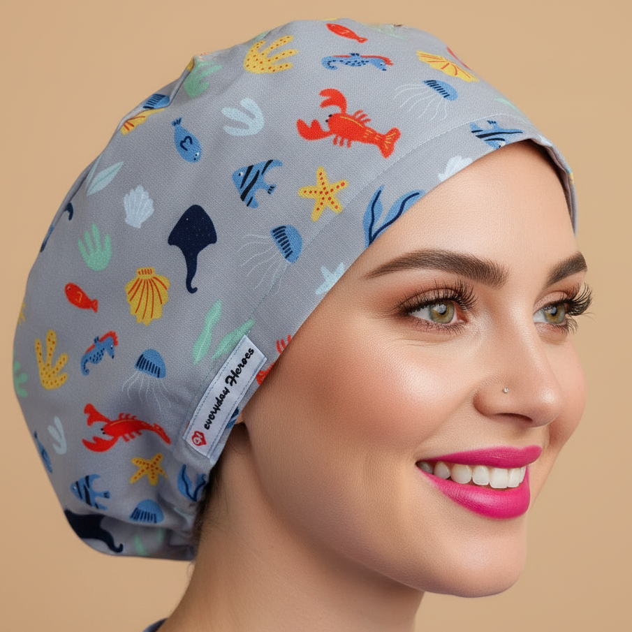 Woman with green eyes and big smile wearing light blue ocean scrub cap in profile view - sea life pattern with red lobsters, yellow starfish, seahorses, jellyfish and shells - euro style surgical hat with everydayheroescaps label - medical headwear for marine biology lovers and healthcare workers 3000x3000px