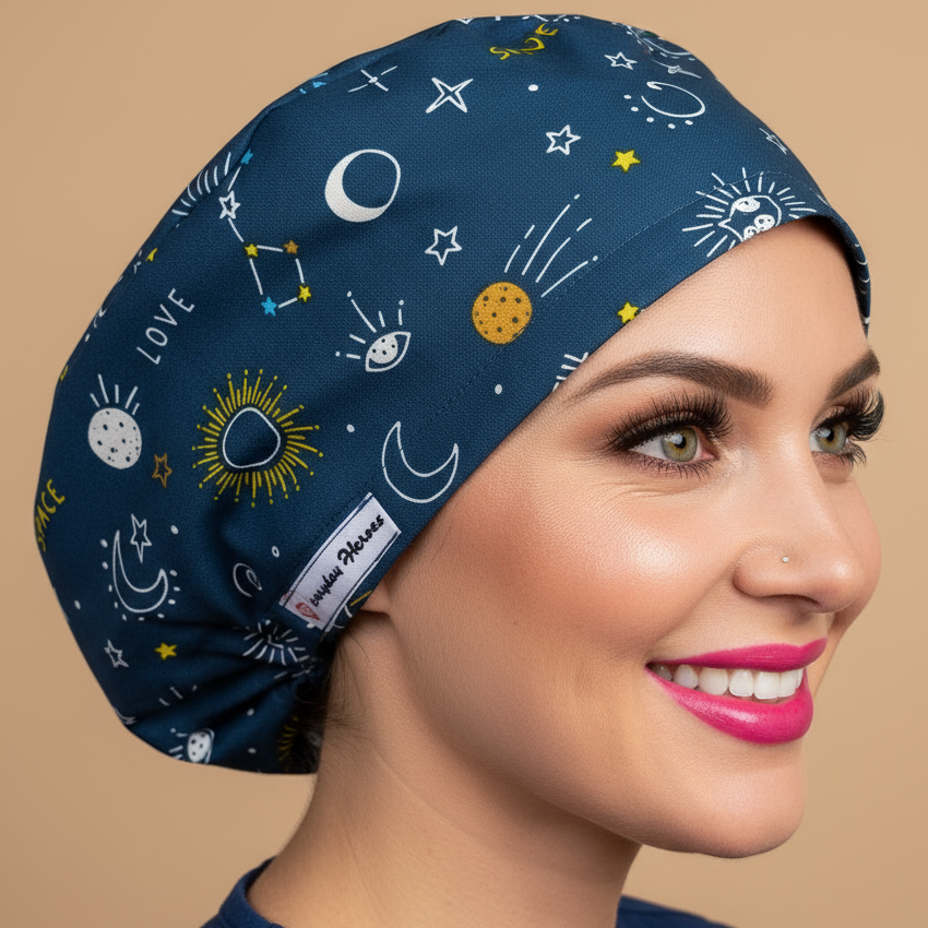 Celestial scrub cap with navy blue background featuring moons, stars, sun, and LOVE SPACE text - euro style bouffant surgical hat - side profile view showing Everyday Heroes label 