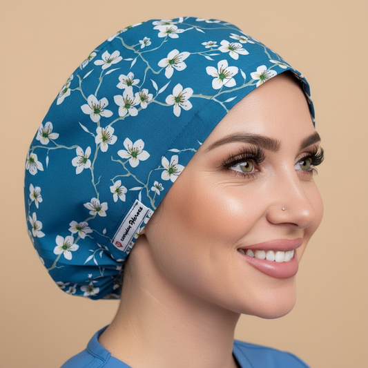 Almond blossom medical scrub hat with white flowers on teal blue - woman wearing euro style bouffant surgical cap with custom satin lining and name embroidery option - professional scrub caps for nurses doctors OR staff - Everyday Heroes brand