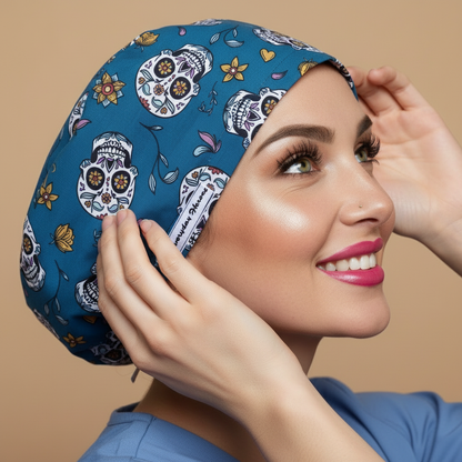Sugar skull scrub cap profile view looking up touching cap - signature face - white skulls with flowers on teal - 3000x3000px