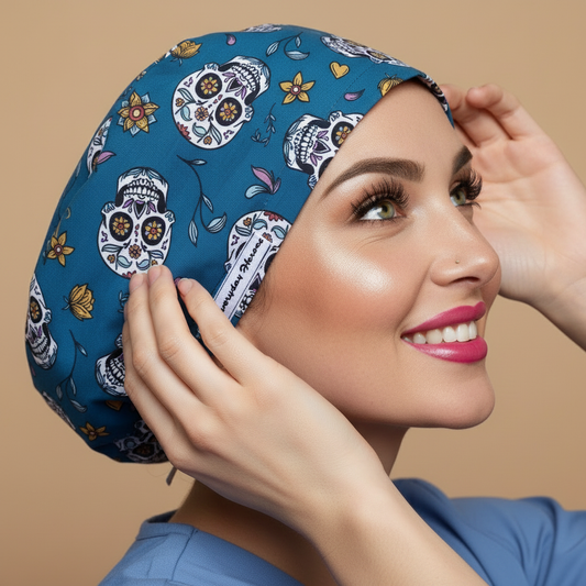 Sugar skull scrub cap profile view looking up touching cap - signature face - white skulls with flowers on teal - 3000x3000px