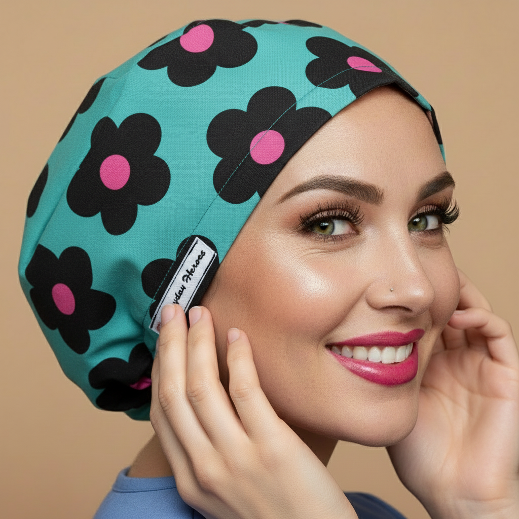 Daisies custom scrub cap with smiling healthcare professional - turquoise bouffant euro scrub hat featuring large black daisy flowers with pink centers - satin lined surgical cap for women esthetician surgeon anesthesia - blossom scrub cap with adjustable fit - doctor gift idea nurses gift - custom name embroidery option