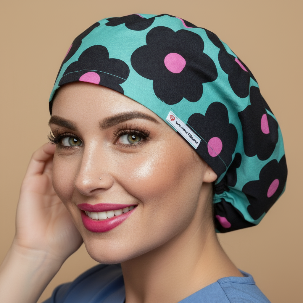 Daisies custom scrub cap with smiling healthcare professional - turquoise bouffant euro scrub hat featuring large black daisy flowers with pink centers - satin lined surgical cap for women esthetician surgeon anesthesia - blossom scrub cap with adjustable fit - doctor gift idea nurses gift - custom name embroidery option