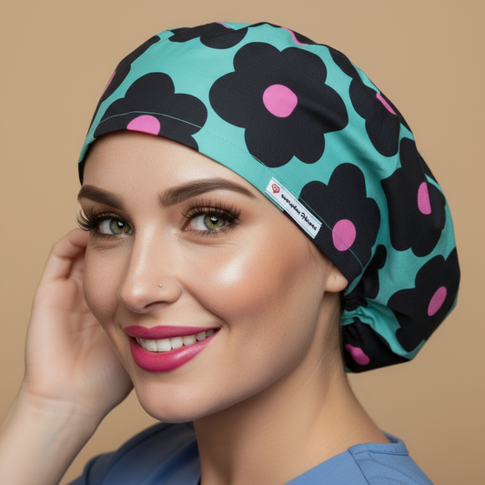 Daisies custom scrub cap with smiling healthcare professional - turquoise bouffant euro scrub hat featuring large black daisy flowers with pink centers - satin lined surgical cap for women esthetician surgeon anesthesia - blossom scrub cap with adjustable fit - doctor gift idea nurses gift - custom name embroidery option
