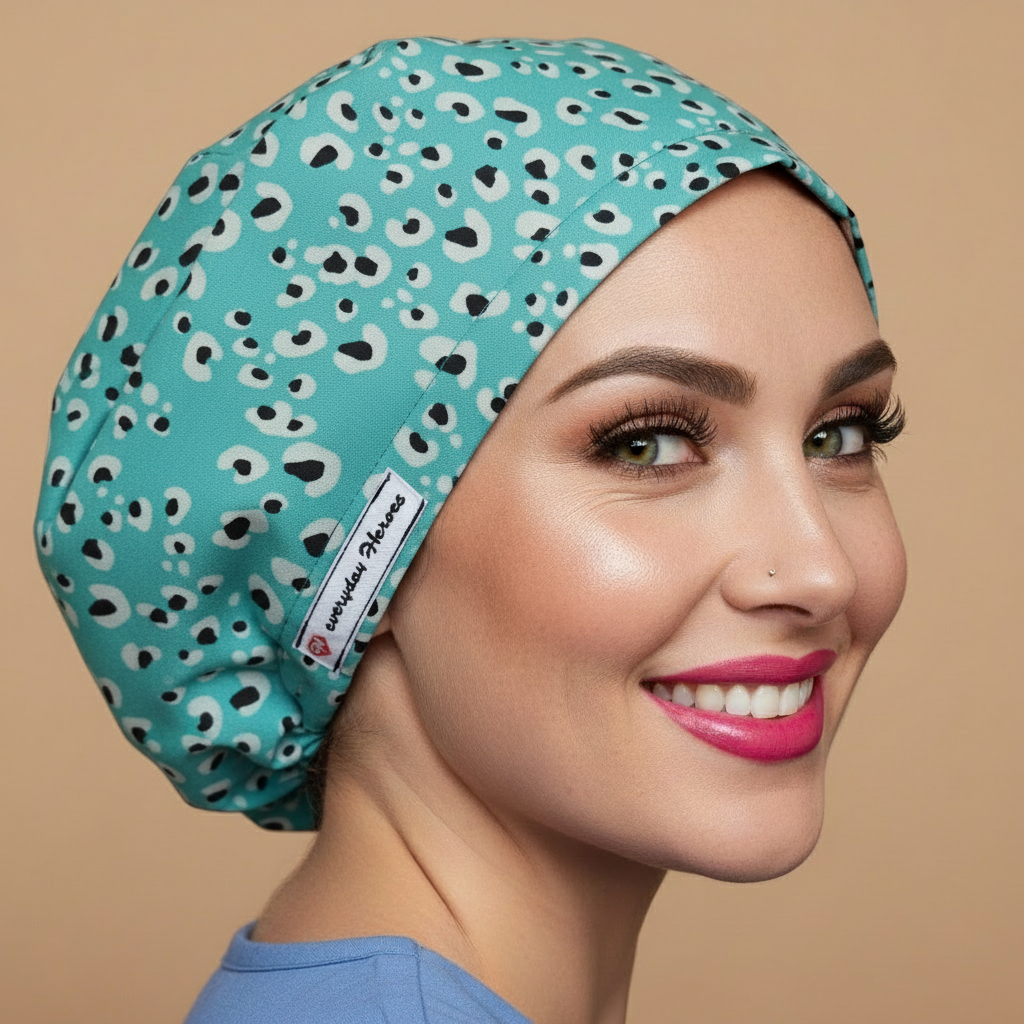 Turquoise leopard spot scrub cap back side view with smiling woman - aqua mint bouffant surgical hat featuring black white leopard spots pattern - euro style medical headwear with custom satin lining name embroidery - professional nurse scrub cap - Everyday Heroes brand"