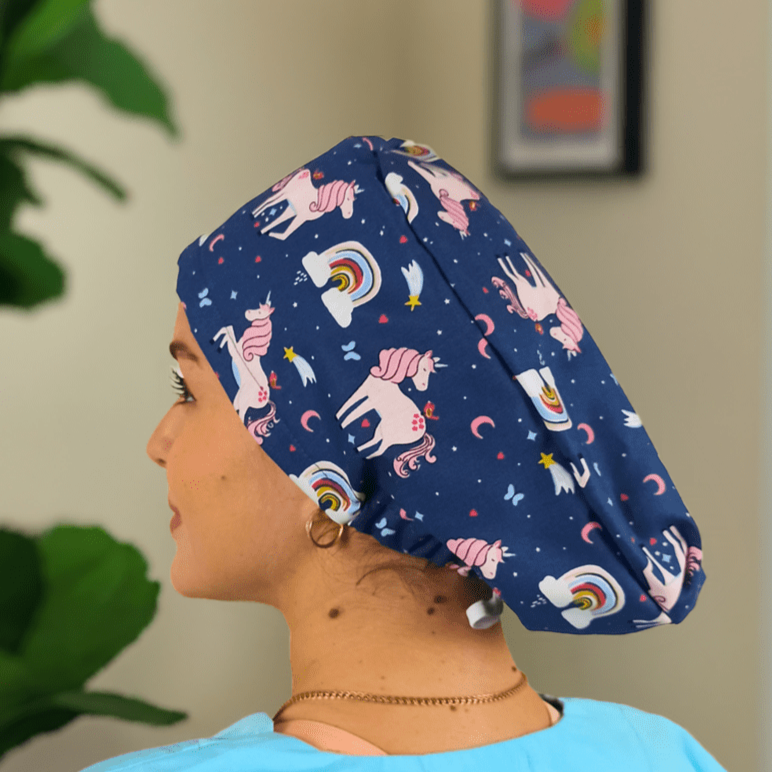 Pink Unicorns on Rainbows Scrub Caps With Name Personalization & Satin Lined Option - [scrub_hat]-[scrub_cap_for_women]-[surgical_cap]