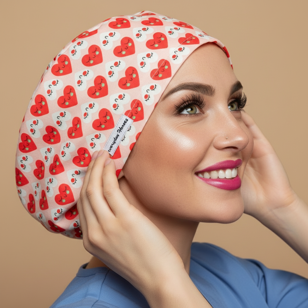 White red hearts strawberries scrub cap profile view looking up touching cap - signature face - red hearts yellow dots strawberries - 3000x3000px