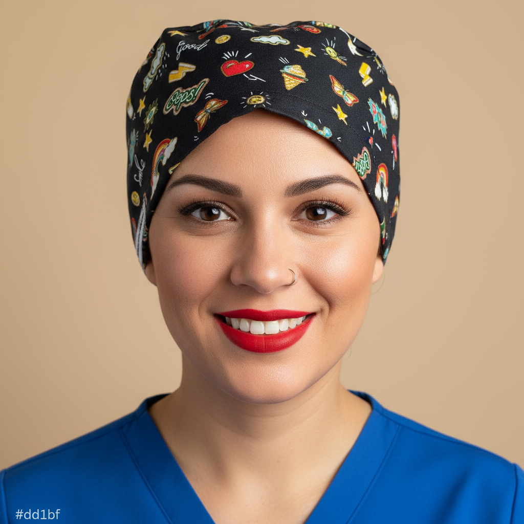 Woman facing camera with warm smile wearing black pscrub cap for women displayed on a fabric mannequin head, featuring a Medical Aesthetics Scrub Cap Euro style design. Optional satin lining, mask-friendly buttons, and custom embroidery available. Ideal for nurse injectors, dental professionals, and medical assistants. This funny green surgical hat is both stylish and functional, making it a perfect gift for those working in medical or dental fields.atches scrub cap
