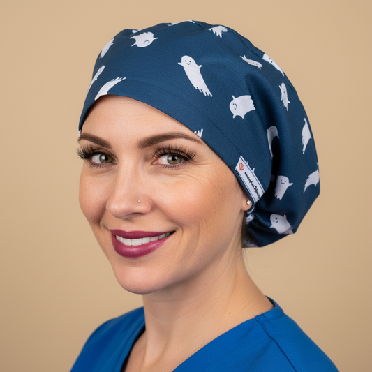 Woman in 3/4 angle facing left with berry lips wearing navy ghost scrub cap
