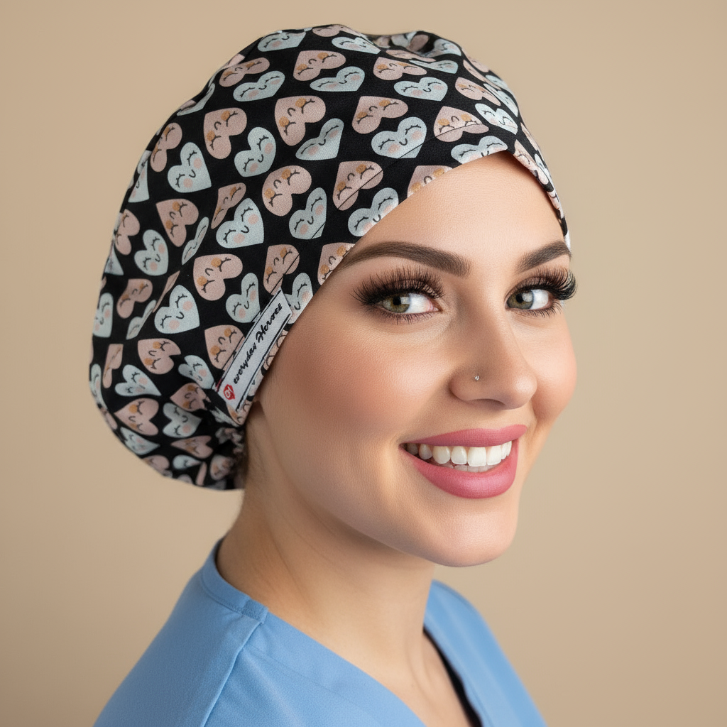 Woman in 3/4 angle with playful smile wearing smiling hearts scrub cap