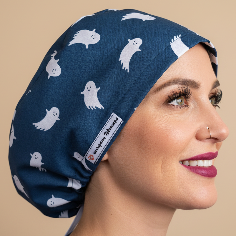 Woman in profile looking upward wearing navy blue ghost scrub cap with green hazel eyes and berry lips - cute white smiling ghosts on dark blue background - euro style bouffant surgical hat with everydayheroescaps label - professional medical headwear for nurses, pediatric staff and healthcare workers
