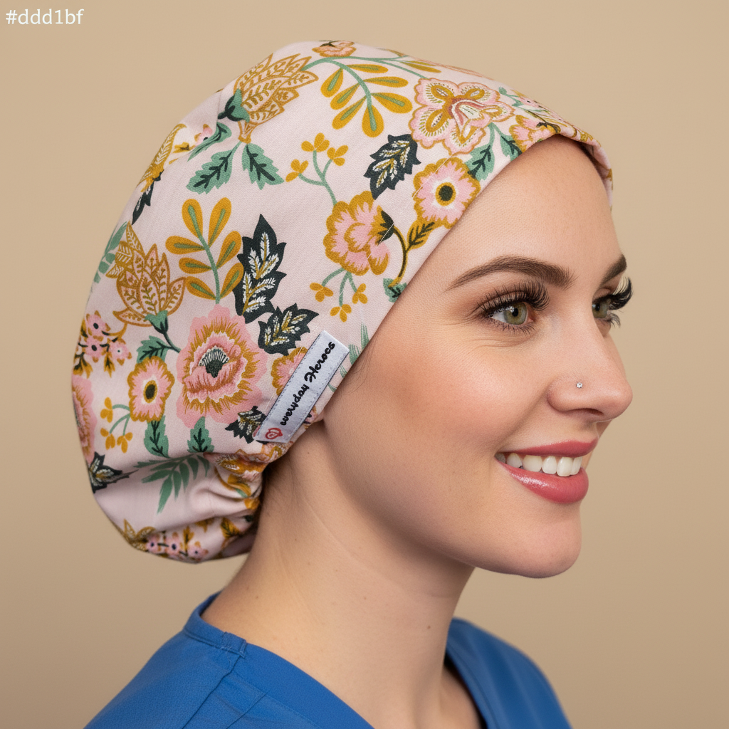 Woman in profile with playful smile wearing blush pink floral scrub cap