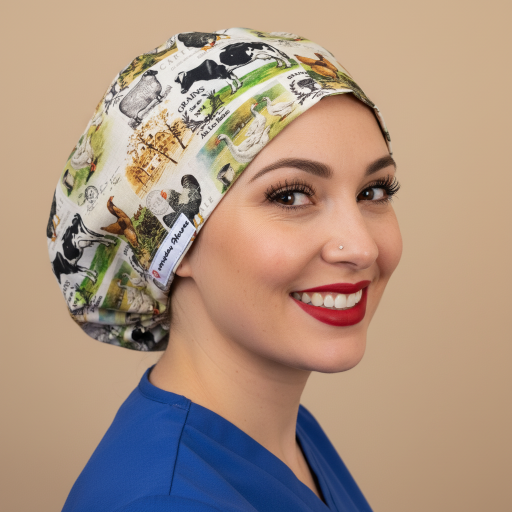 Woman in proper 3/4 angle with bigger lips and smaller nose wearing farm animals scrub cap