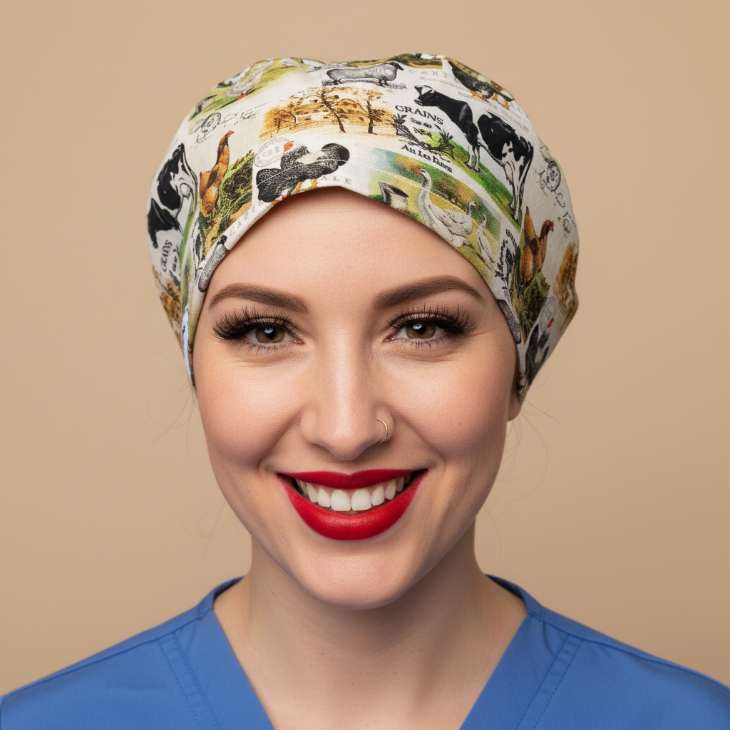 Woman in 3/4 angle wearing cream farm animals scrub cap - countryside pattern with black and white cows, chickens, roosters, hay bales and grains on beige background - euro style bouffant surgical hat with everydayheroescaps label - professional medical headwear for veterinarians, farm vets and animal-loving nurses
