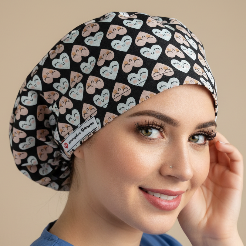Woman with hand touching scrub cap in confident pose wearing smiling hearts cap