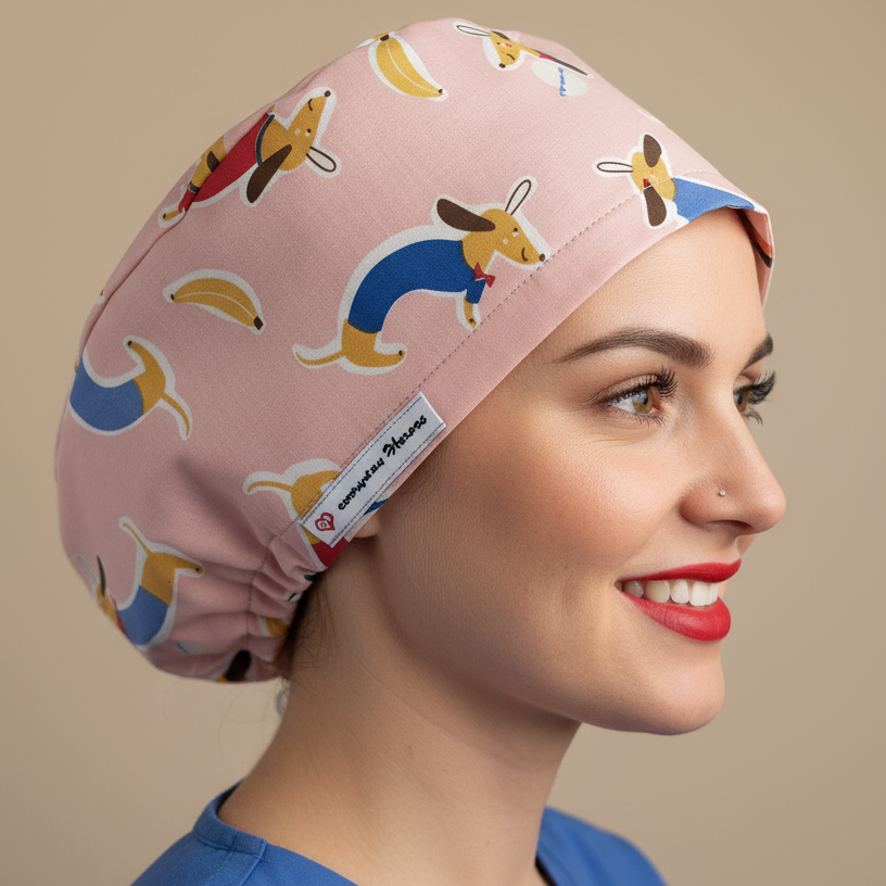 Veterinarian woman holding small dachshund dog with heads touching affectionately - wearing pink scrub cap with playful dachshund print pattern - euro style surgical hat with satin lining and everydayheroescaps label - professional medical headwear for vets and animal lovers
