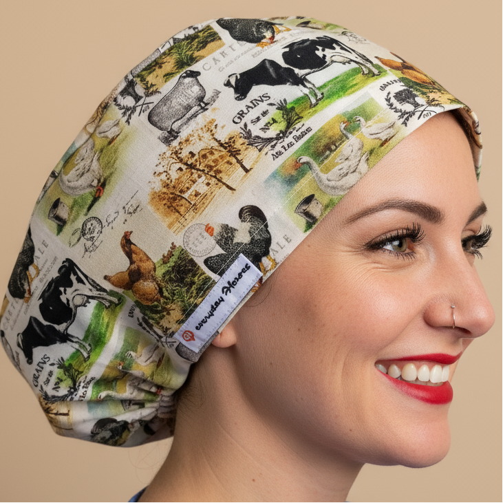 Woman in 3/4 angle wearing cream farm animals scrub cap - countryside pattern with black and white cows, chickens, roosters, hay bales and grains on beige background - euro style bouffant surgical hat with everydayheroescaps label - professional medical headwear for veterinarians, farm vets and animal-loving nurses
