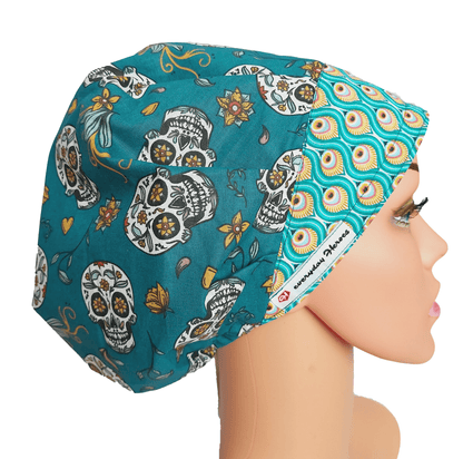 Surgical Scrub Cap Bouffant with Sugar Skulls and Peacock Sweatband - [scrub_hat]-[scrub_cap_for_women]-[surgical_cap]