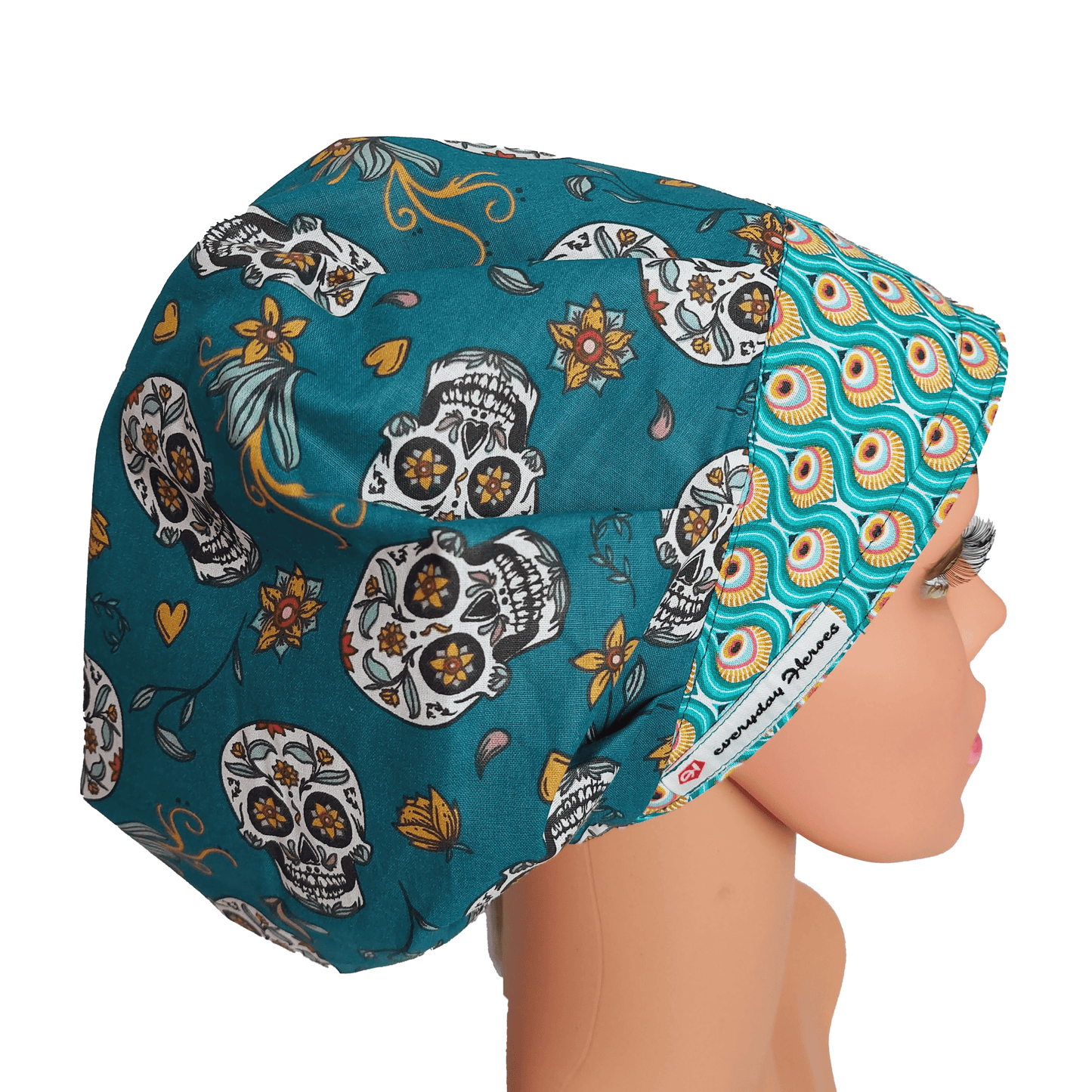 Surgical Scrub Cap Bouffant with Sugar Skulls and Peacock Sweatband - [scrub_hat]-[scrub_cap_for_women]-[surgical_cap]