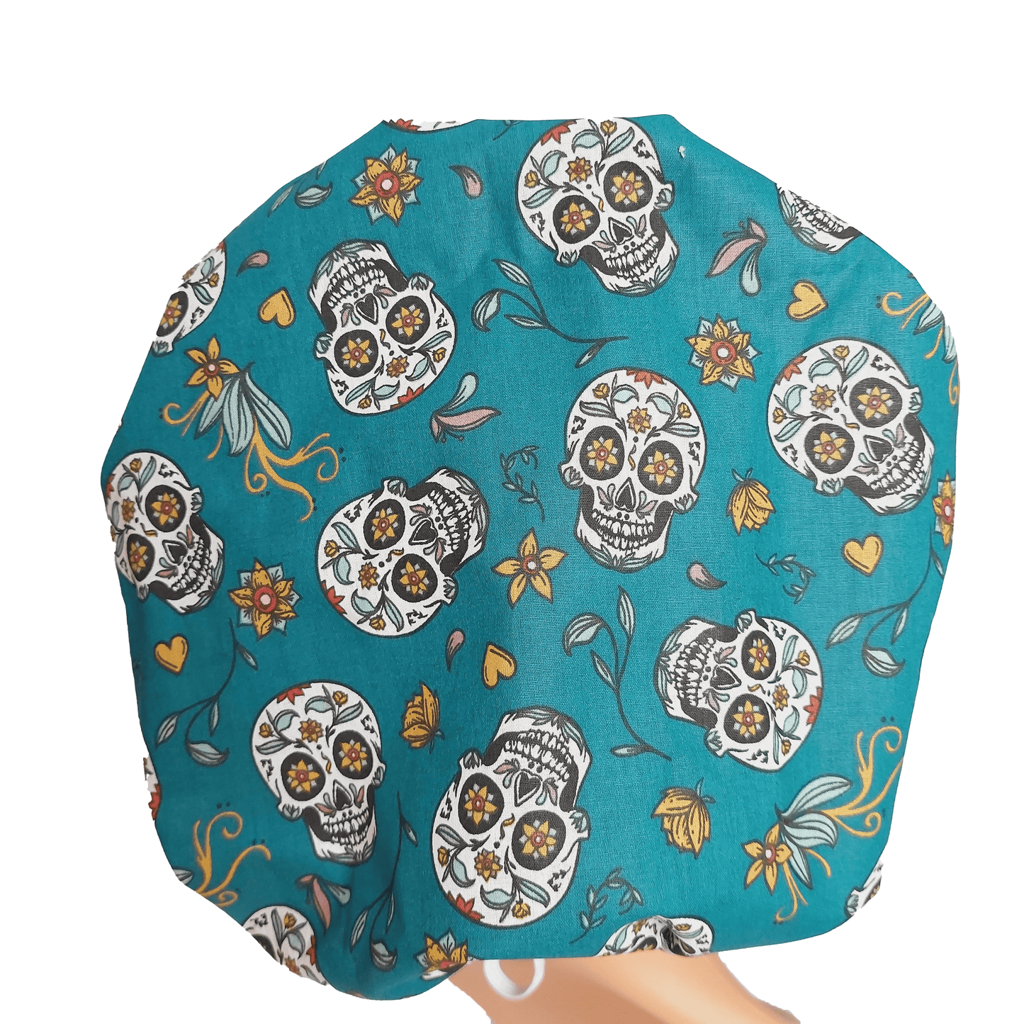 Surgical Scrub Cap Bouffant with Sugar Skulls and Peacock Sweatband - [scrub_hat]-[scrub_cap_for_women]-[surgical_cap]