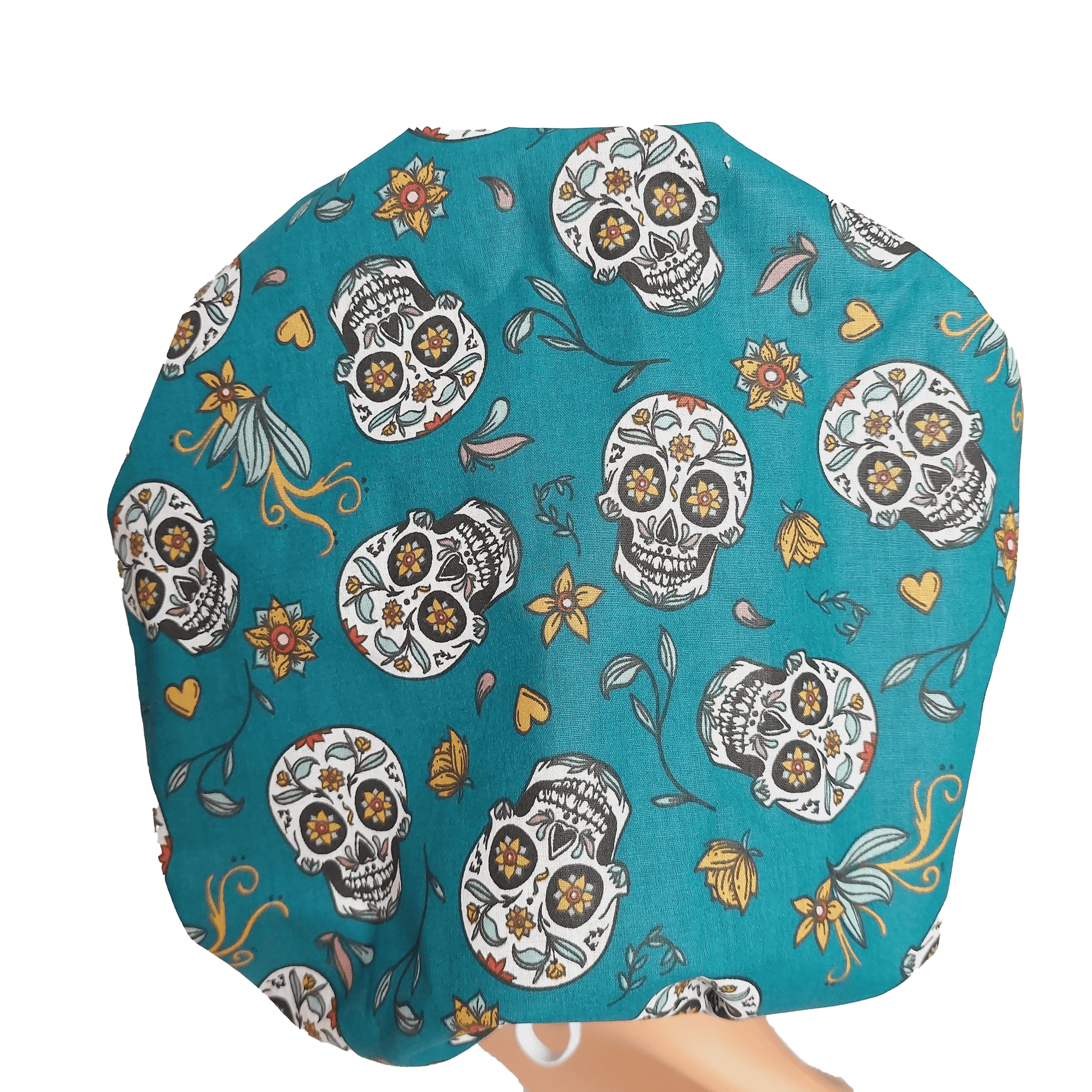 Surgical Scrub Cap Bouffant with Sugar Skulls and Peacock Sweatband - [scrub_hat]-[scrub_cap_for_women]-[surgical_cap]