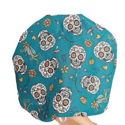 Surgical Scrub Cap Bouffant with Sugar Skulls and Peacock Sweatband - [scrub_hat]-[scrub_cap_for_women]-[surgical_cap]