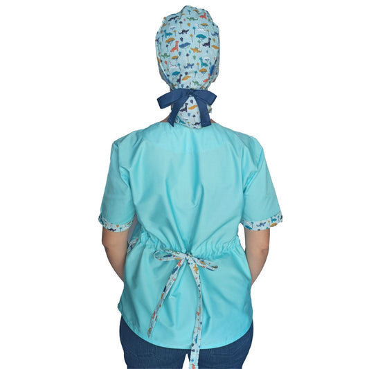 Scrub Top for Nurses with Dinos print details - [scrub_hat]-[scrub_cap_for_women]-[surgical_cap]